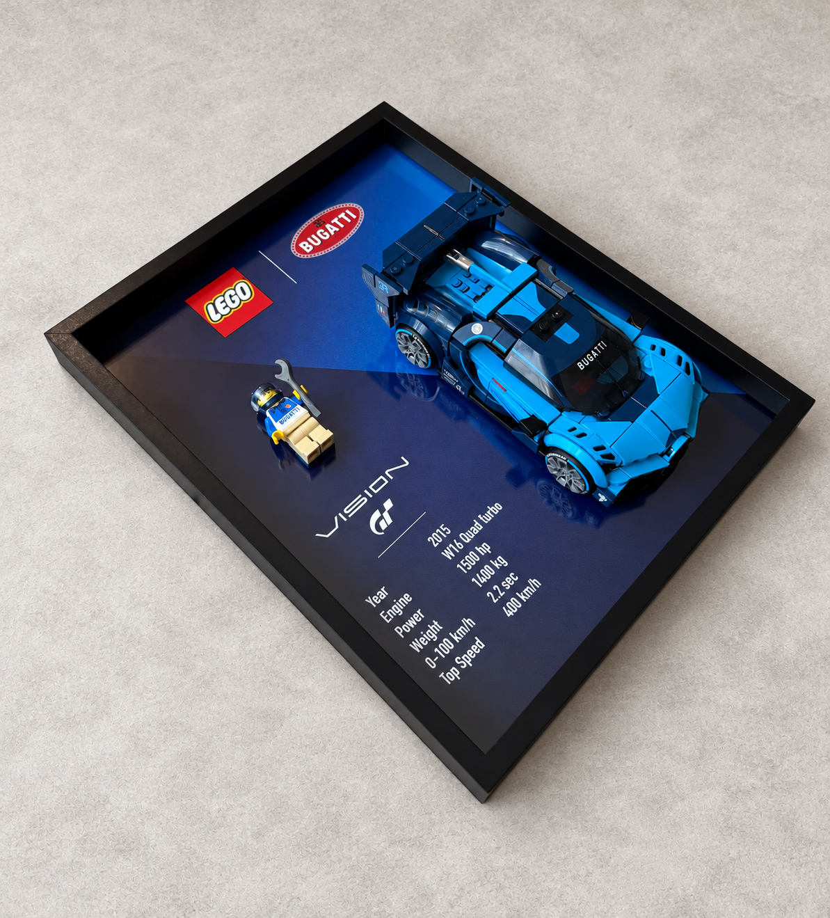 Cadre LEGO Bugatti Vision GT assemblé, vue inclinée