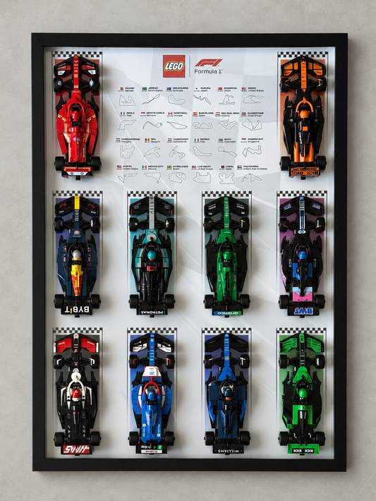 Cadre LEGO F1 Speed Champions, variante Black, vue de face avec voitures