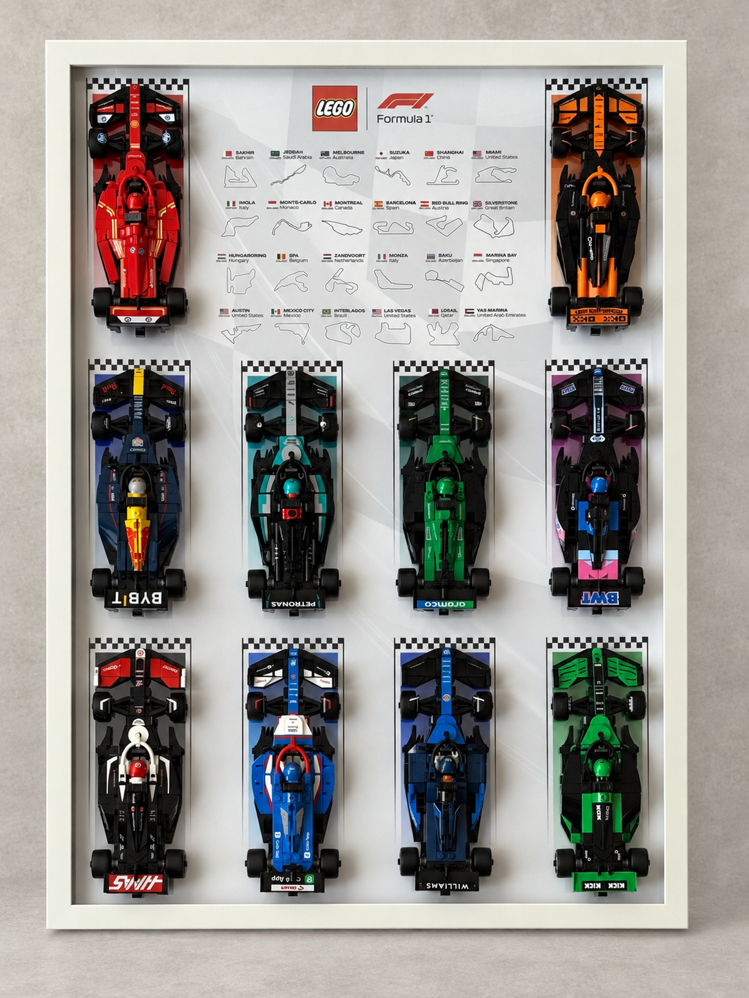 Cadre LEGO F1 Speed Champions, variante White, vue de face avec voitures